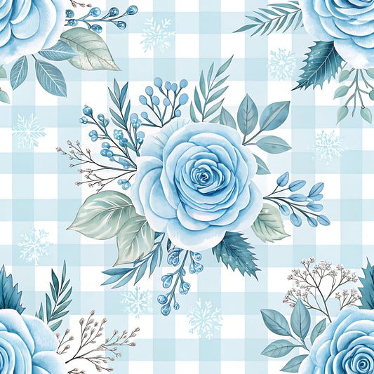Blue Winter Floral Plaid Pattern 16 Quilting Cotton Fabric