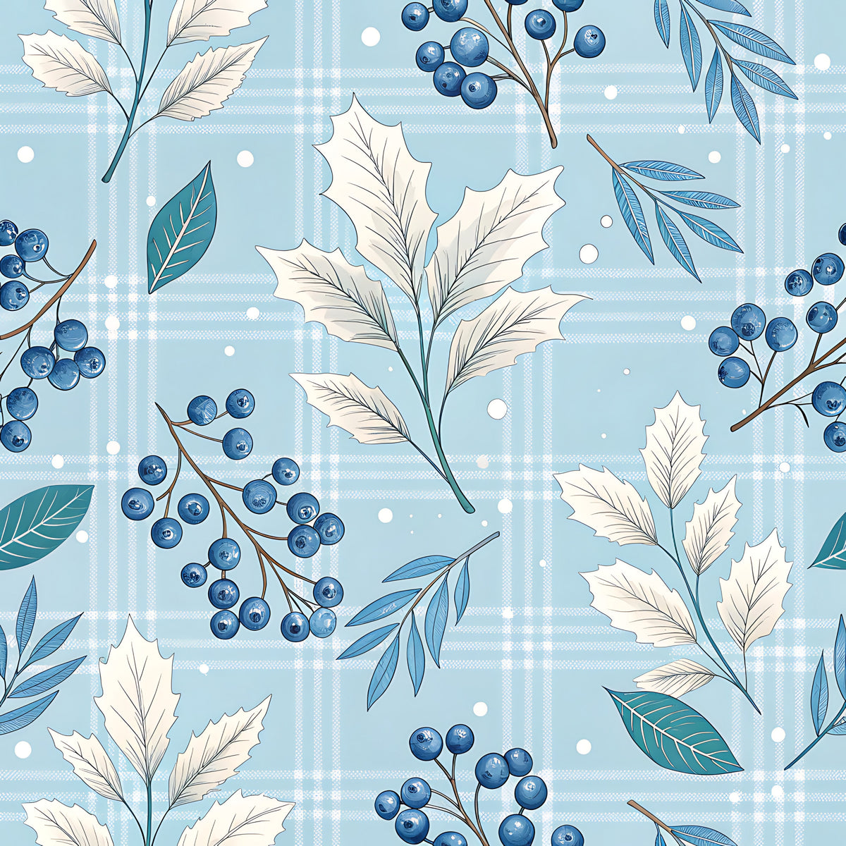 Blue Winter Floral Plaid Pattern 17 Quilting Cotton Fabric