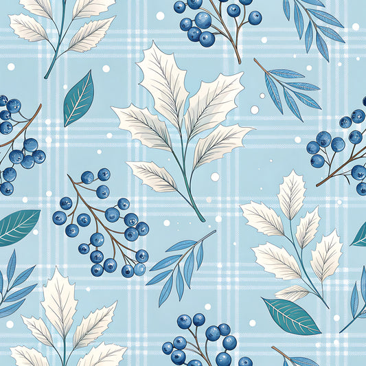 Blue Winter Floral Plaid Pattern 17 Quilting Cotton Fabric
