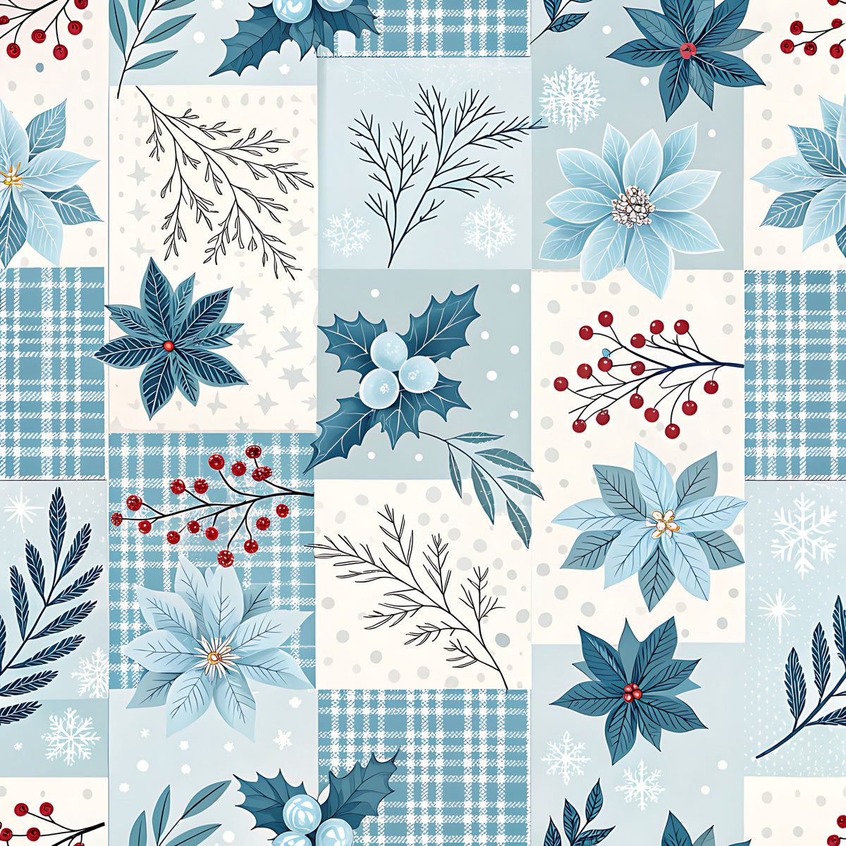 Blue Winter Floral Plaid Pattern 18 Quilting Cotton Fabric