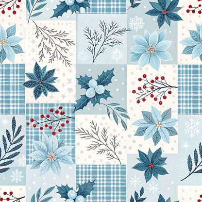 Blue Winter Floral Plaid Pattern 18 Quilting Cotton Fabric