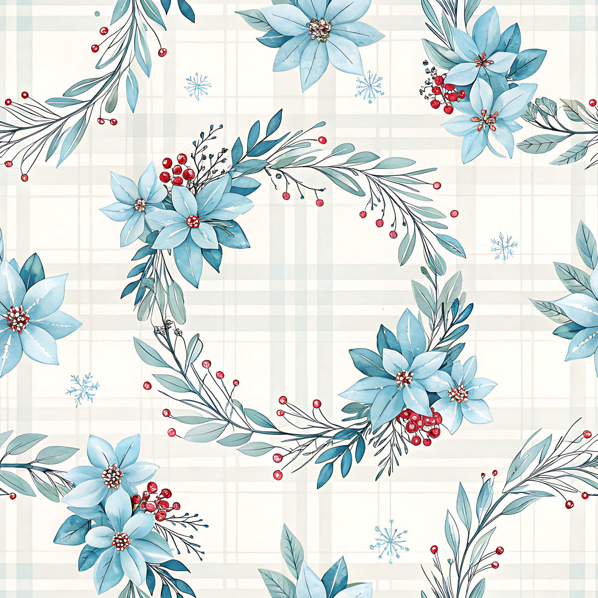 Blue Winter Floral Plaid Pattern 19 Quilting Cotton Fabric