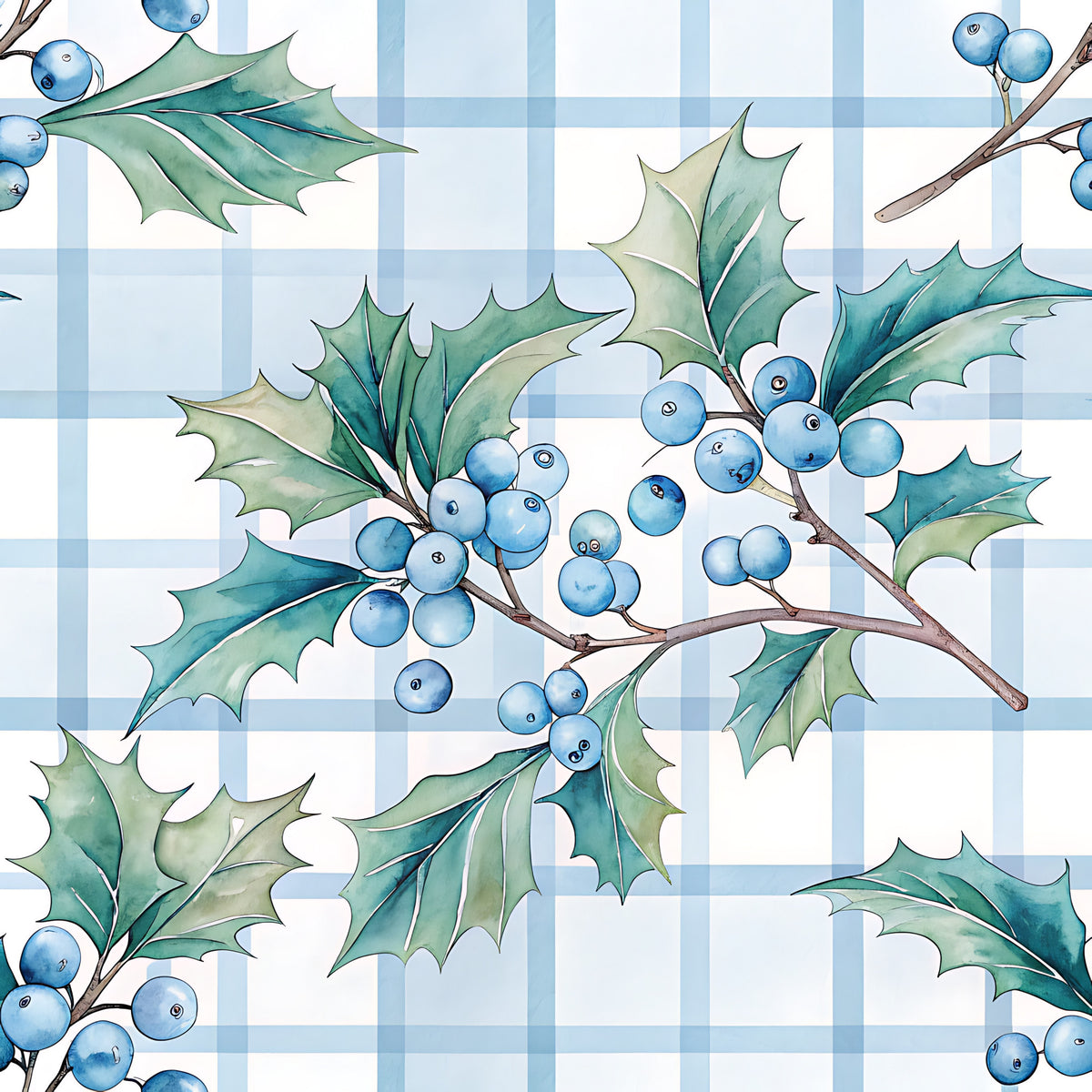 Blue Winter Floral Plaid Pattern 2 Quilting Cotton Fabric