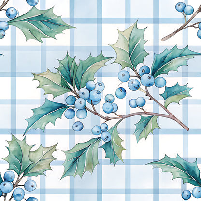Blue Winter Floral Plaid Pattern 2 Quilting Cotton Fabric