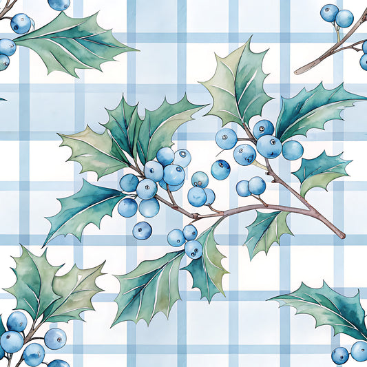 Blue Winter Floral Plaid Pattern 2 Quilting Cotton Fabric
