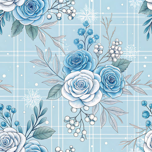 Blue Winter Floral Plaid Pattern 3 Quilting Cotton Fabric