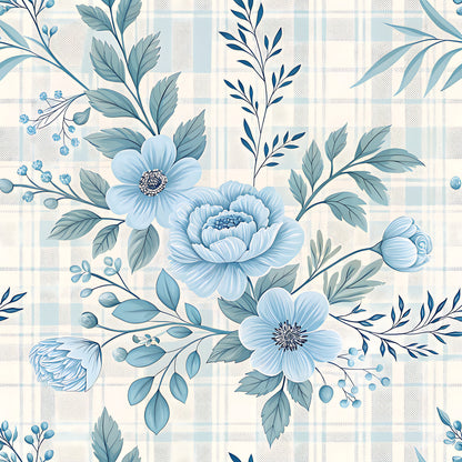 Blue Winter Floral Plaid Pattern 4 Quilting Cotton Fabric