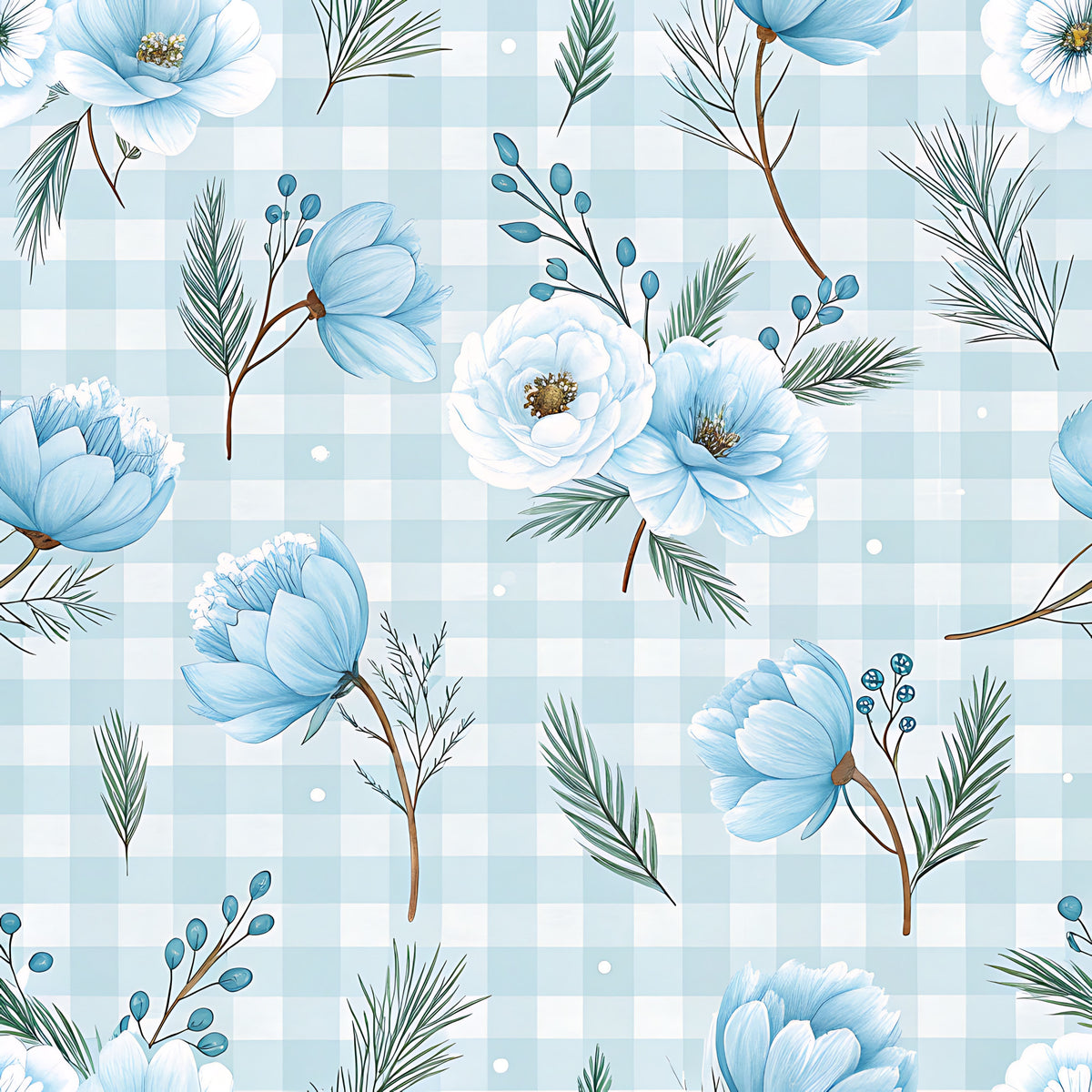 Blue Winter Floral Plaid Pattern 5 Quilting Cotton Fabric