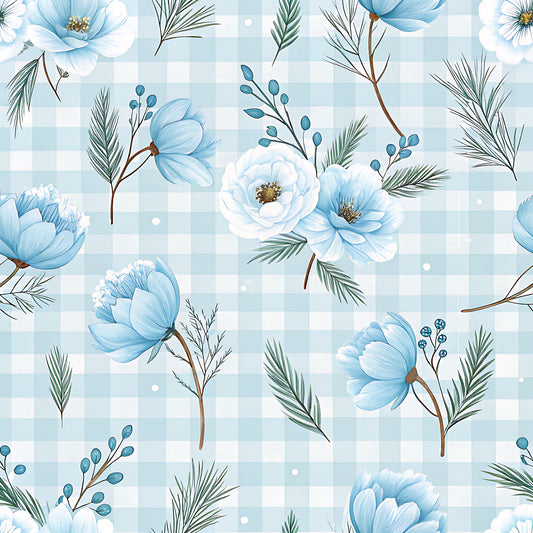 Blue Winter Floral Plaid Pattern 5 Quilting Cotton Fabric