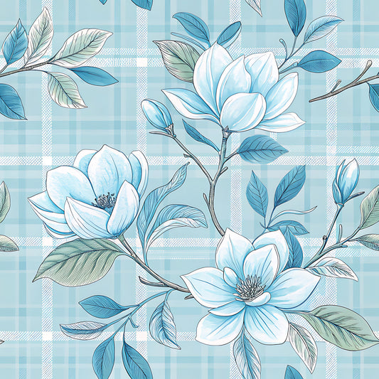 Blue Winter Floral Plaid Pattern 6 Quilting Cotton Fabric