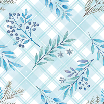 Blue Winter Floral Plaid Pattern 7 Quilting Cotton Fabric