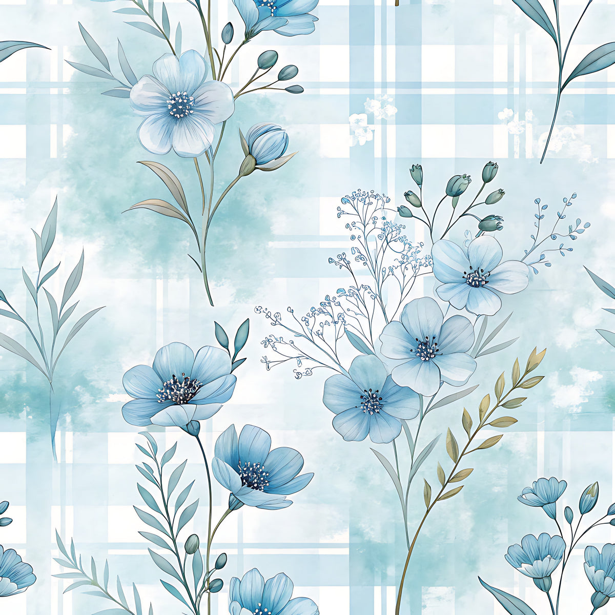 Blue Winter Floral Plaid Pattern 8 Quilting Cotton Fabric