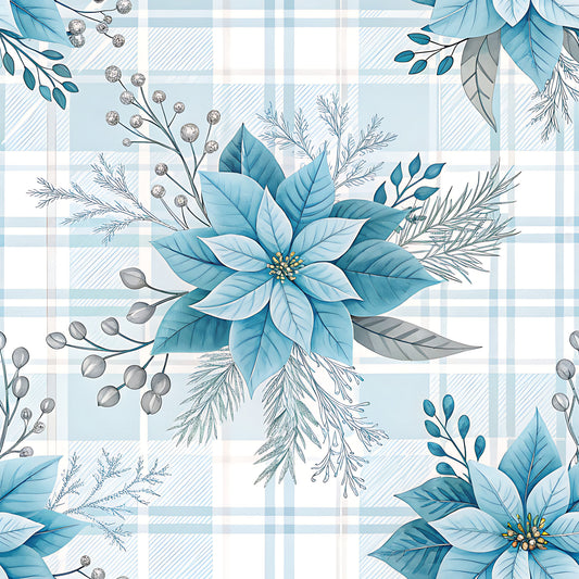 Blue Winter Floral Plaid Pattern 9 Quilting Cotton Fabric