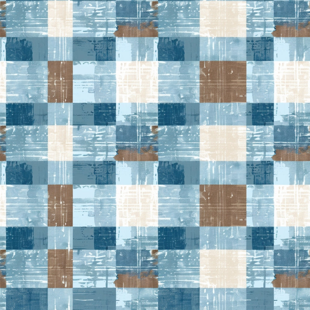 Plaid pattern with a grid of blue, white, and brown squares, featuring a textured, rustic design.