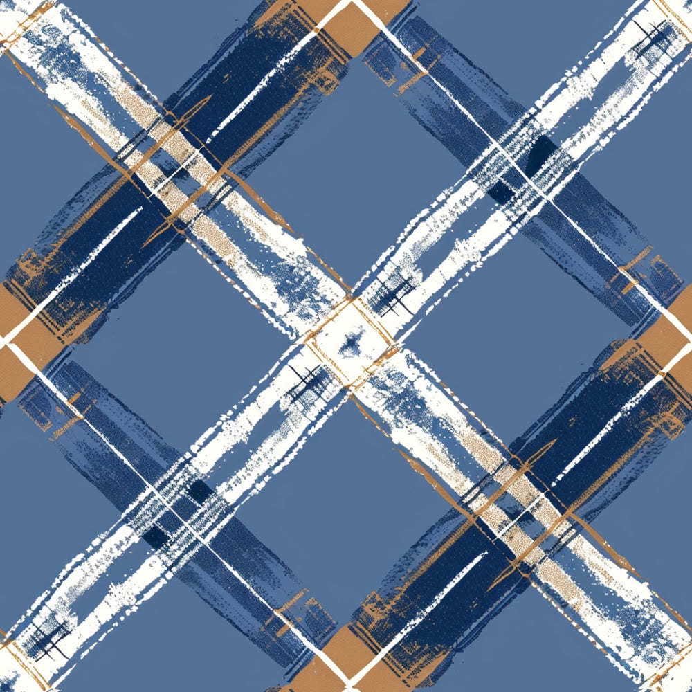 A plaid pattern with intersecting lines of blue, white, and brown against a dark blue background.