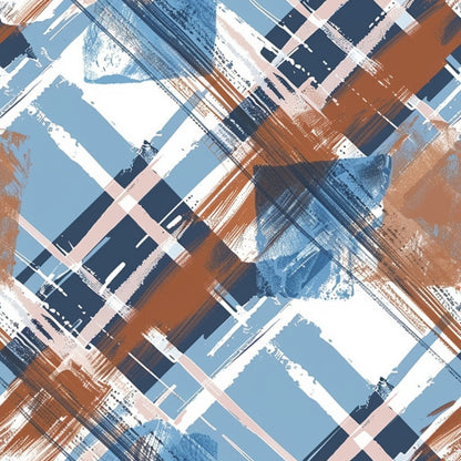 Abstract artwork featuring intersecting diagonal brushstrokes in blue, brown, and white tones, creating a dynamic, layered pattern.