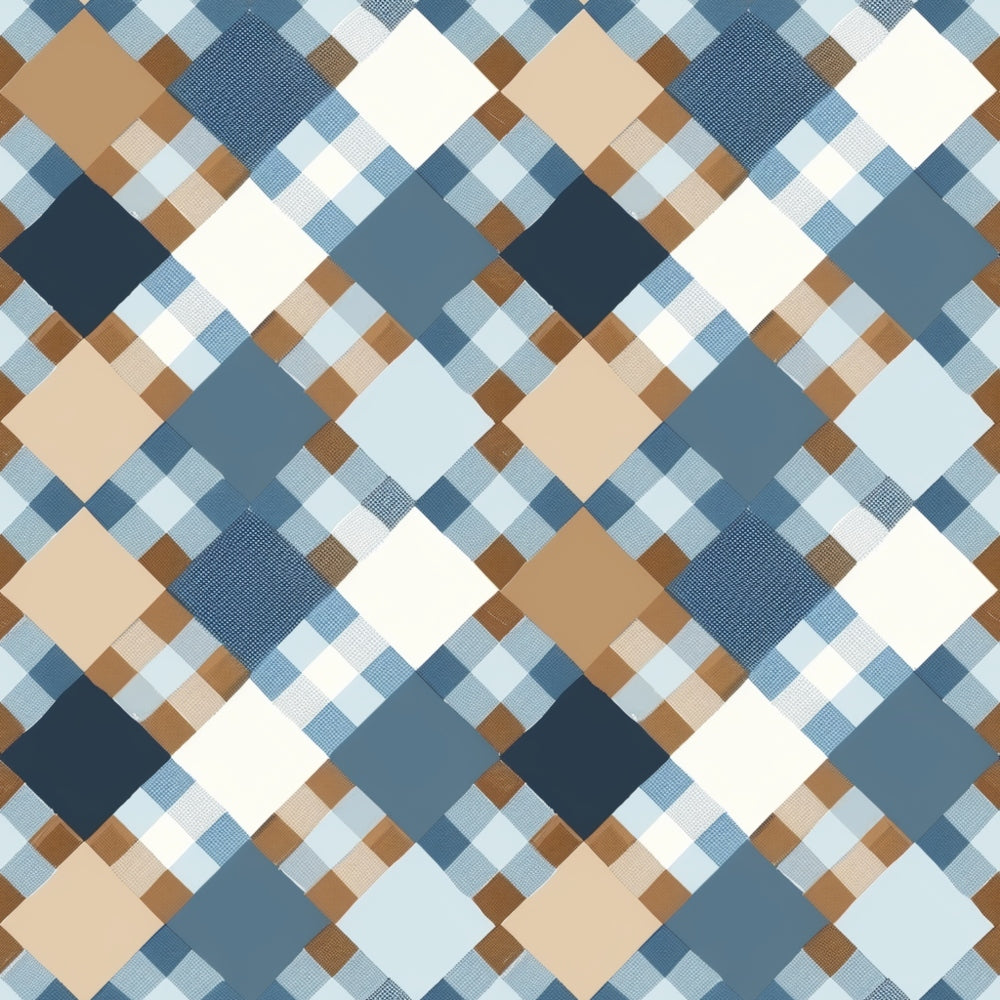 Patterned fabric with a diagonal checkered design featuring shades of blue, brown, and cream squares arranged in a repeating geometric layout.