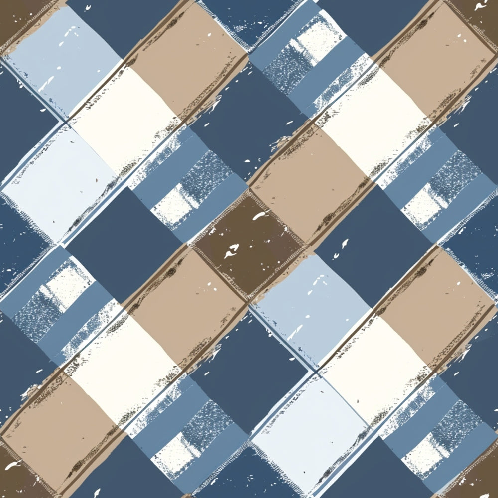 Geometric pattern with diagonal, overlapping squares in blue, beige, and white, featuring a distressed texture.