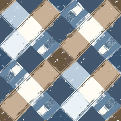 Geometric pattern with diagonal, overlapping squares in blue, beige, and white, featuring a distressed texture.