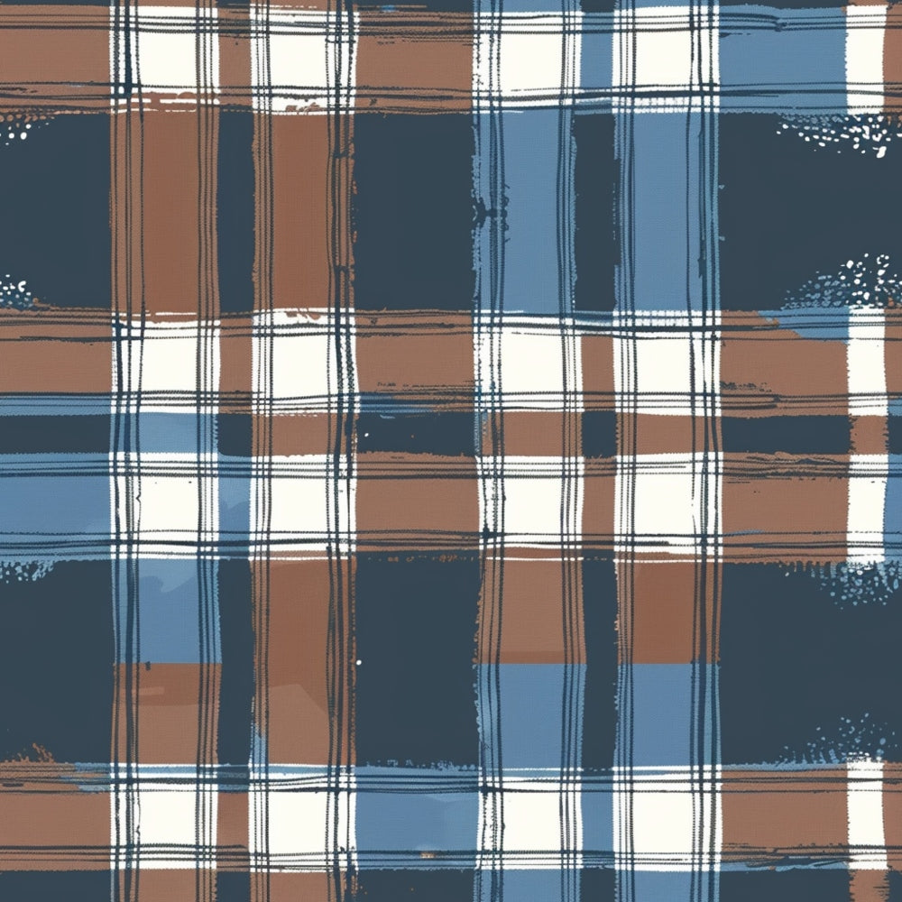 Plaid pattern with intersecting vertical and horizontal lines in shades of blue, brown, and white.