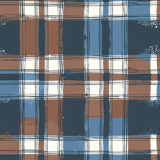 Plaid pattern with intersecting vertical and horizontal lines in shades of blue, brown, and white.