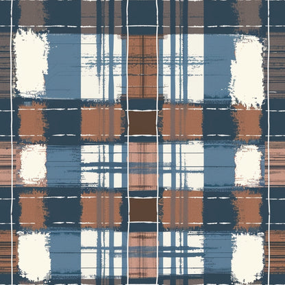 A geometric pattern with intersecting lines and rectangles in blue, brown, and beige tones, creating a symmetrical, abstract plaid design.