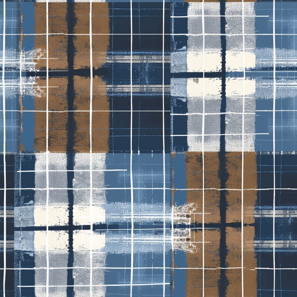 Abstract plaid pattern with intersecting lines in blue, brown, white, and black shades, creating a textured grid design.