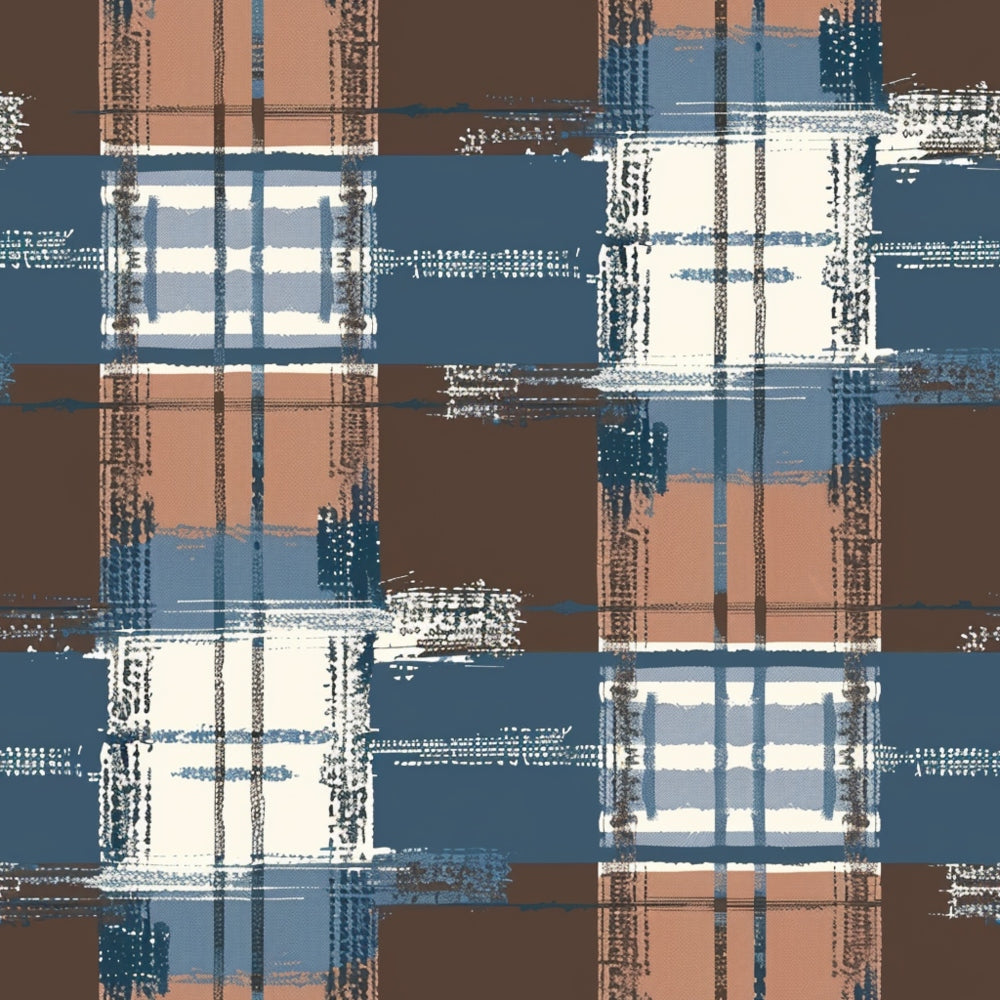 Abstract plaid pattern with intersecting lines in blue, brown, and white, featuring a grid-like design with a textured appearance.