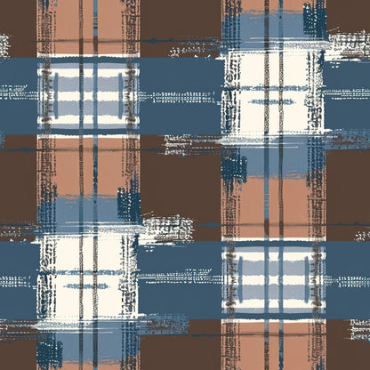 Abstract plaid pattern with intersecting lines in blue, brown, and white, featuring a grid-like design with a textured appearance.