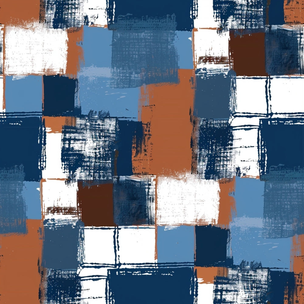 Abstract pattern with blue, brown, and white brushstrokes forming a grid-like design.