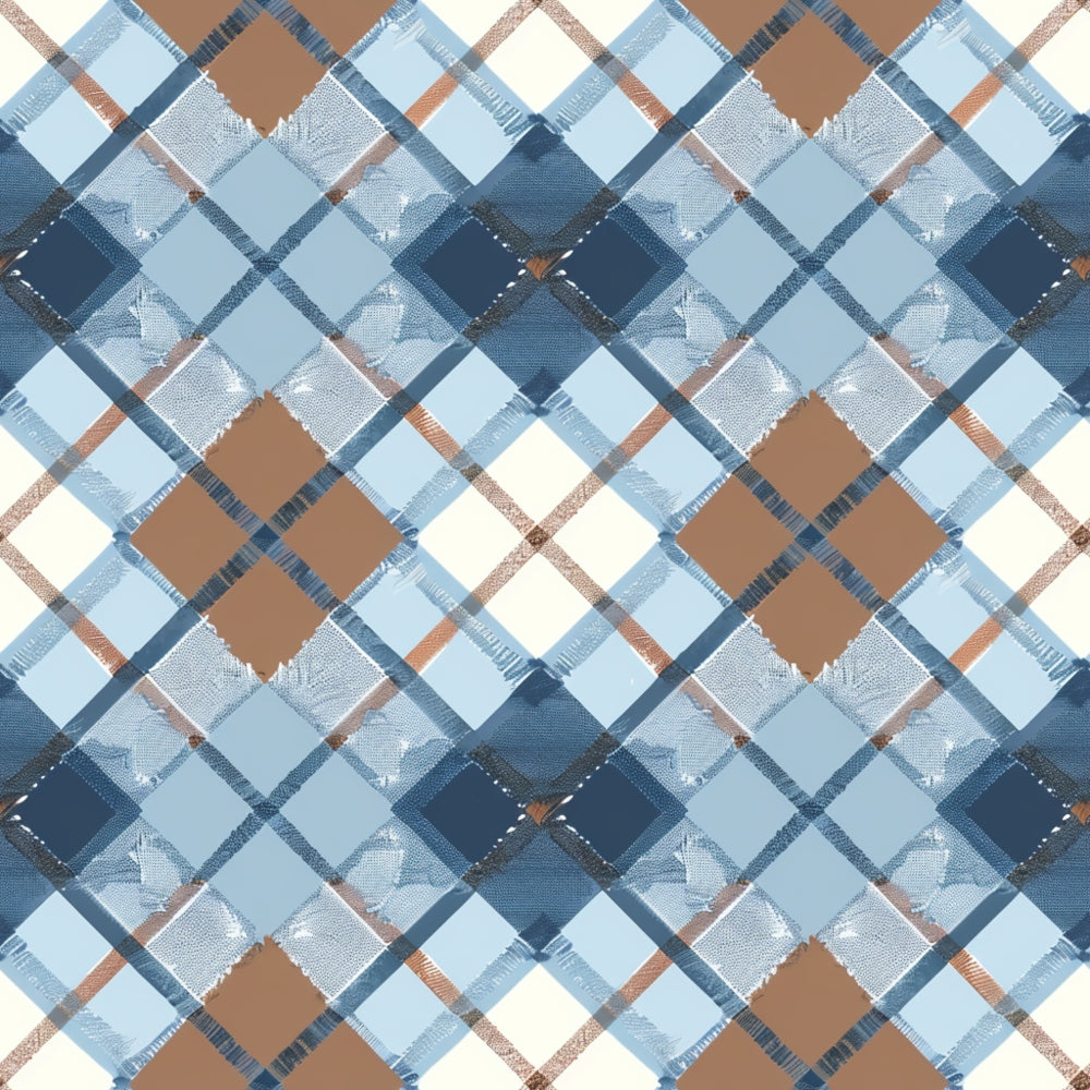 Plaid pattern with intersecting lines in shades of blue and brown on a light background.