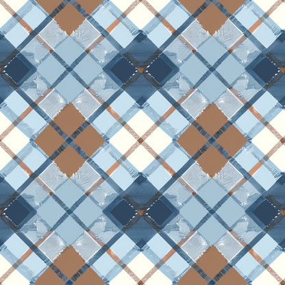 Plaid pattern with intersecting lines in shades of blue and brown on a light background.