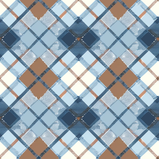 Plaid pattern with intersecting lines in shades of blue and brown on a light background.