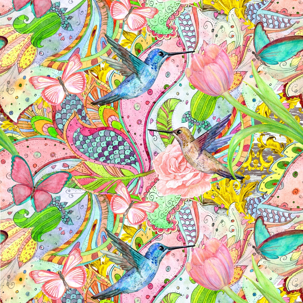 Colorful pattern with hummingbirds, pink tulips, butterflies, and abstract floral elements in vibrant, detailed watercolor style.