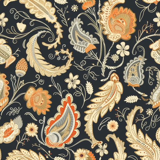 Floral and paisley pattern featuring orange, beige, and gray designs on a dark background, with intricate leaves and flowers.