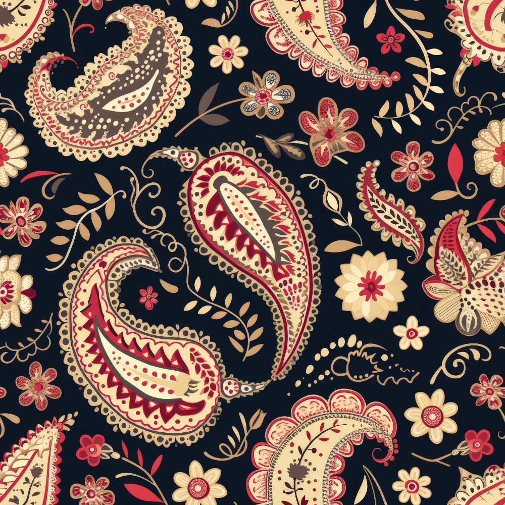 Traditional paisley pattern with red, beige, and cream motifs on a dark background. Features floral and teardrop shapes intertwined with leaves and vines.