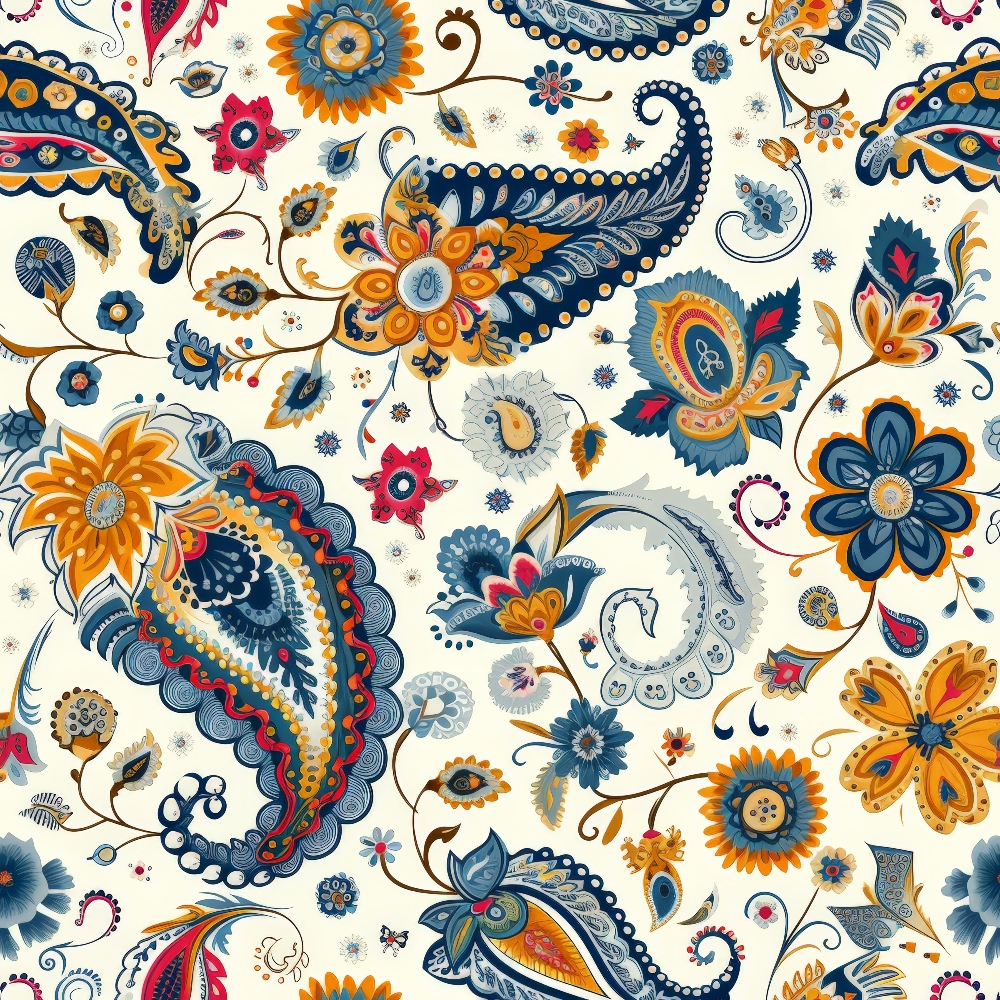 Intricate paisley pattern with blue, orange, and yellow floral and leaf motifs on a light background.