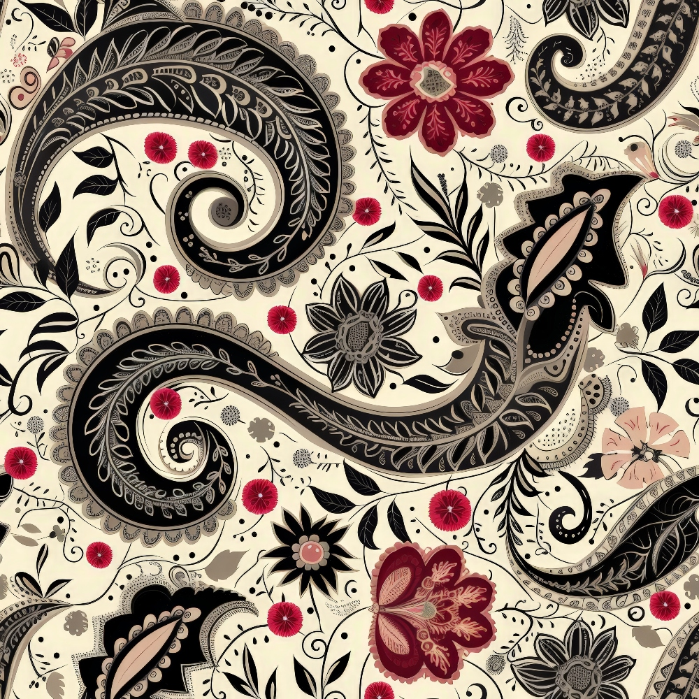 Paisley pattern with black, red, and gray floral designs on a light background.