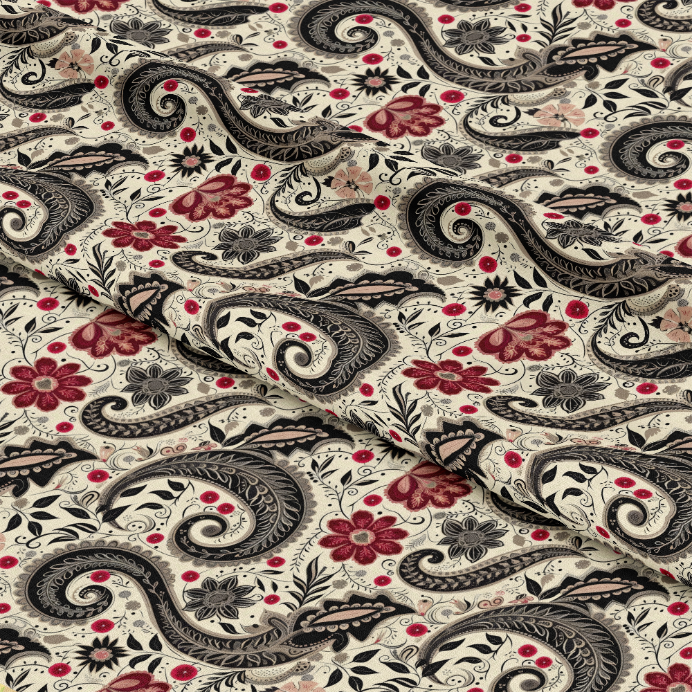 - Boho Floral Paisley Pattern 12 Quilting Cotton Fabric  
- quilting fabric  
- cotton material  
- bohemian style  
- floral design  
- paisley motifs  
- beige background  
- black swirls  
- red flowers  
- decorative textile  
- sewing fabric  
- craft material