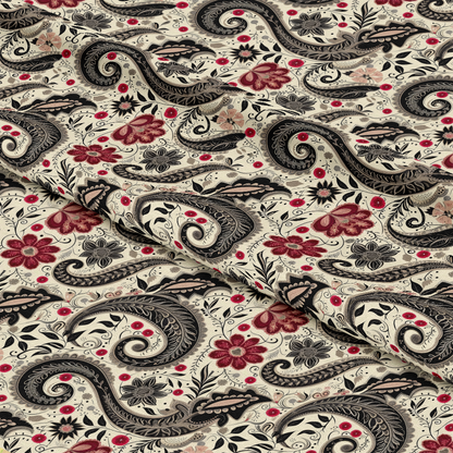 - Boho Floral Paisley Pattern 12 Quilting Cotton Fabric  
- quilting fabric  
- cotton material  
- bohemian style  
- floral design  
- paisley motifs  
- beige background  
- black swirls  
- red flowers  
- decorative textile  
- sewing fabric  
- craft material