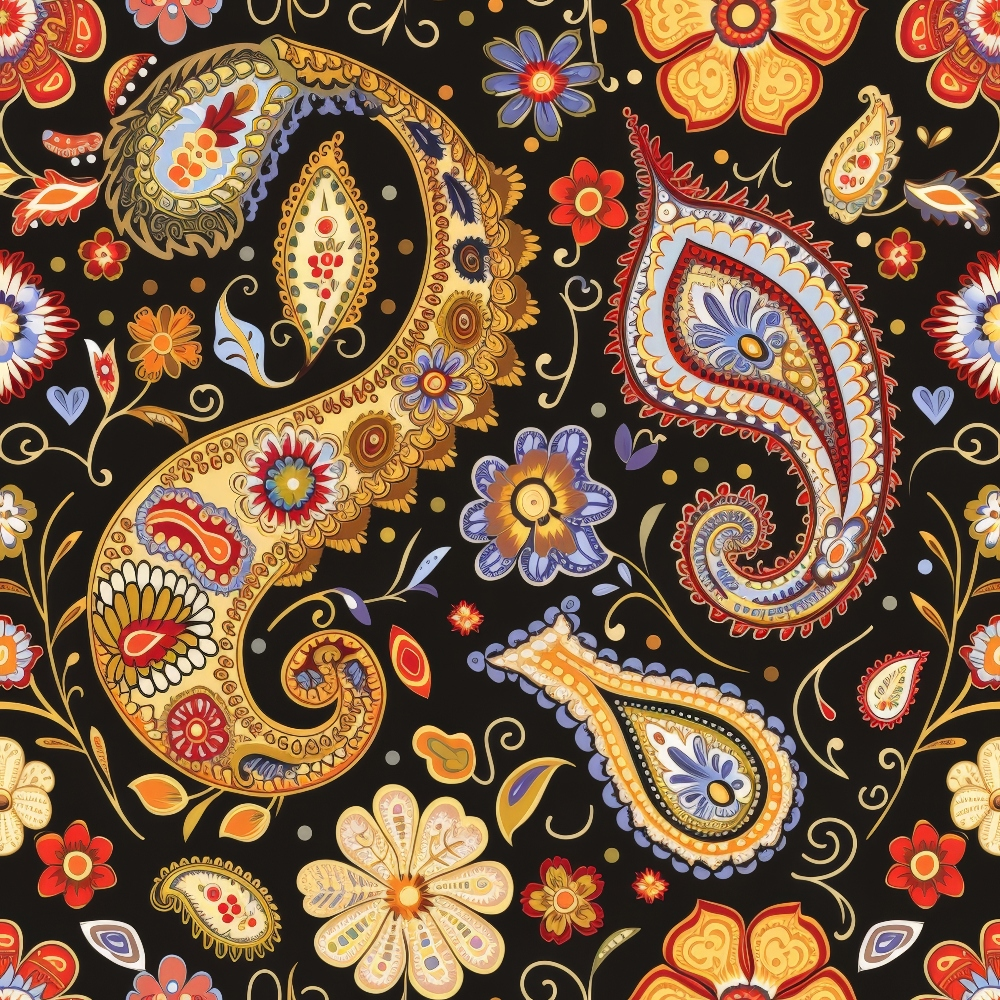 Colorful paisley pattern with floral and abstract motifs in red, yellow, blue, and orange on a black background.