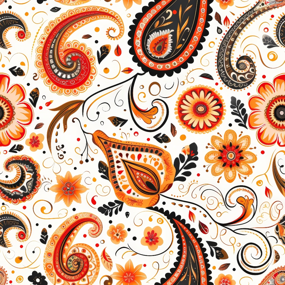 Ornate paisley pattern with swirling elements, floral designs, and intricate motifs in shades of orange, red, and black on a white background.