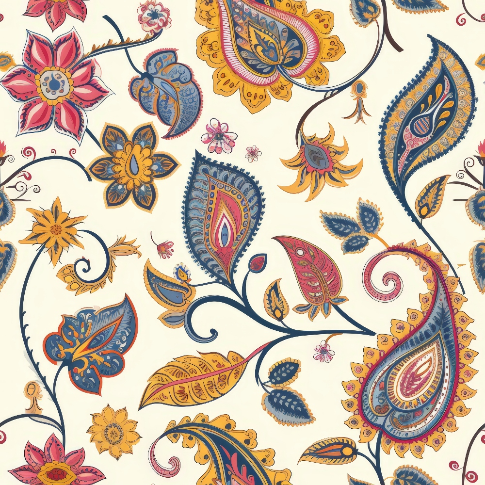 Floral and paisley pattern with red, blue, and yellow elements on a light background.