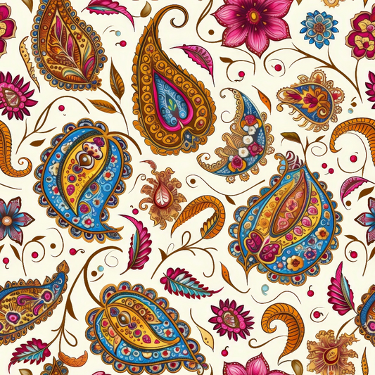 Colorful paisley pattern with floral motifs in shades of yellow, blue, pink, and brown on a pale background.