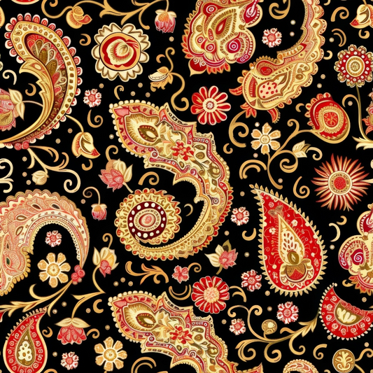 Paisley pattern with intricate red, gold, and cream designs, featuring leaves and flowers on a black background.