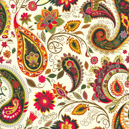 Paisley pattern featuring intricate designs with floral elements in bright colors like red, green, and yellow on a light background.