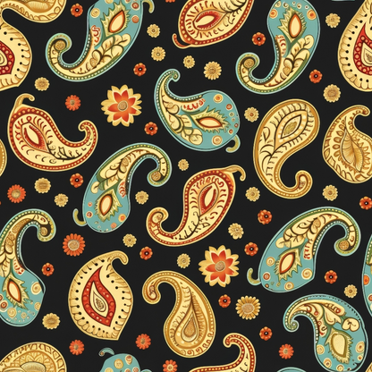 Colorful paisley pattern with blue, red, and yellow motifs on a black background, featuring teardrop shapes and floral elements.