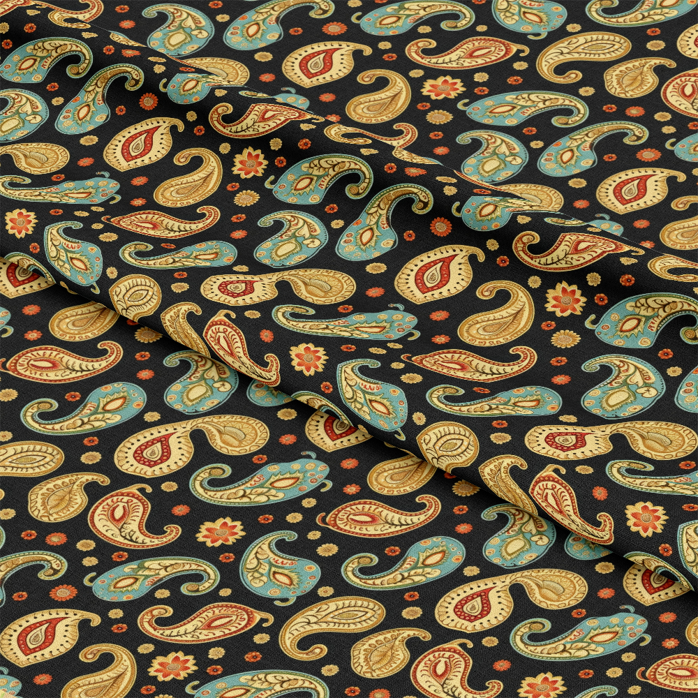 - Boho Floral Paisley Pattern 8 Quilting Cotton Fabric  
- Paisley design, floral motifs  
- Earth tones, tan, mustard, teal, red, black background  
- Cotton fabric, quilting material  
- Ethnic style, vintage print, ornamental shapes  
- Craft fabric, sewing, textile, artistic pattern