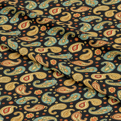- Boho Floral Paisley Pattern 8 Quilting Cotton Fabric  
- Paisley design, floral motifs  
- Earth tones, tan, mustard, teal, red, black background  
- Cotton fabric, quilting material  
- Ethnic style, vintage print, ornamental shapes  
- Craft fabric, sewing, textile, artistic pattern