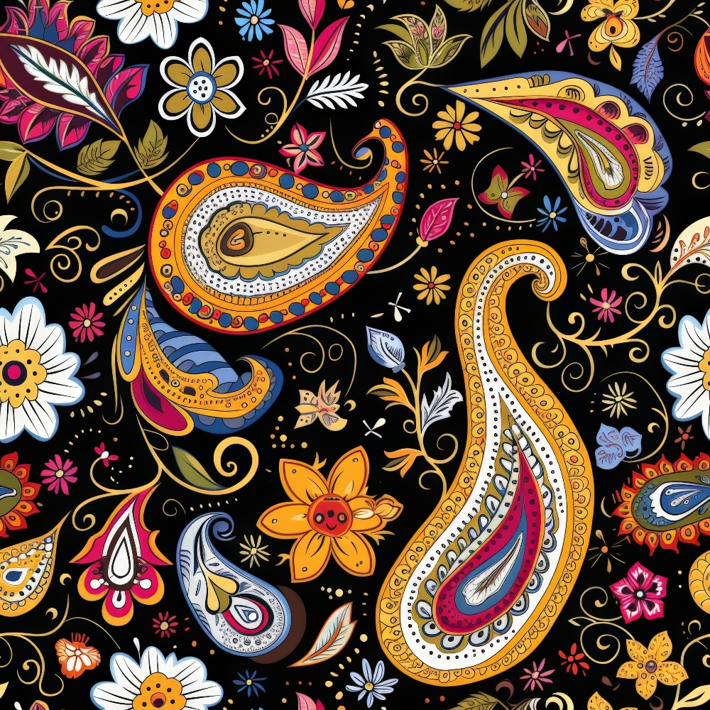 Colorful paisley and floral pattern on a black background, featuring intricate, swirling designs with various flowers and leaves in bright red, blue, yellow, and green hues.